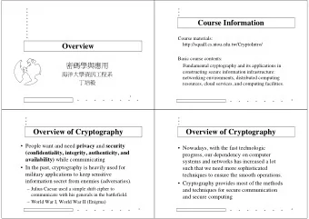 Course Information  Course materials:  http://squall.cs.ntou.edu.tw/CryptoIntro/  Overview  Basic
