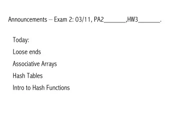 Announcements  Exam 2: 03/11, PA2______,HW3______.  Today:  Loose ends  Associative Arrays  Hash