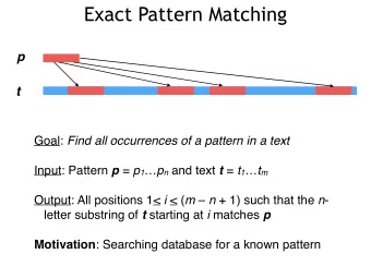 Exact Pattern Matching  p  t Goal: Find all occurrences of a pattern in a text Input: Pattern p = p