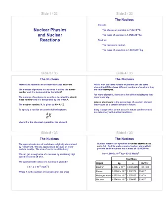 Nuclear Physics The charge on a proton is +1.6x10 -19 C.  and Nuclear The mass of a proton is