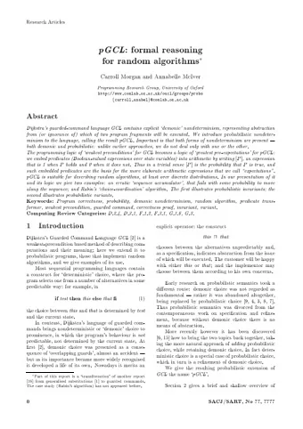 Researc  h  Articles pGCL   formal  reasoning  for  random  algorithms    Carroll  Morgan