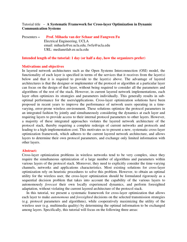 tutorial title a systematic framework for cross layer