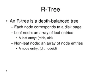 R-Tree   An R-tree is a depth-balanced tree   Each node corresponds to a disk page   Leaf