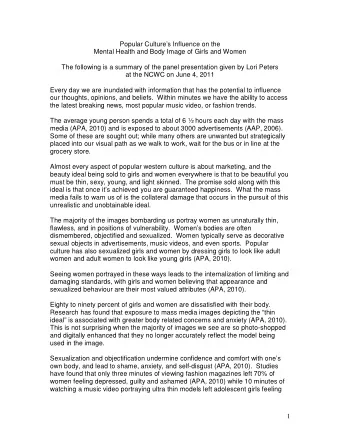 Popular Cultures Influence on the  Mental Health and Body Image of Girls and Women  The