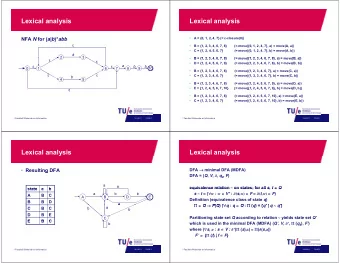 Lexical analysis  Lexical analysis NFA N for ( a | b )* abb  ( | )   A = {0, 1, 2, 4, 7} (=