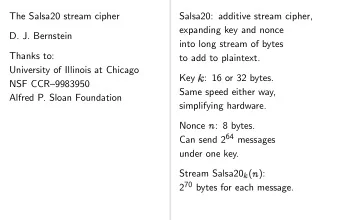 The Salsa20 stream cipher  Salsa20: additive stream cipher,  expanding key and nonce  D. J.