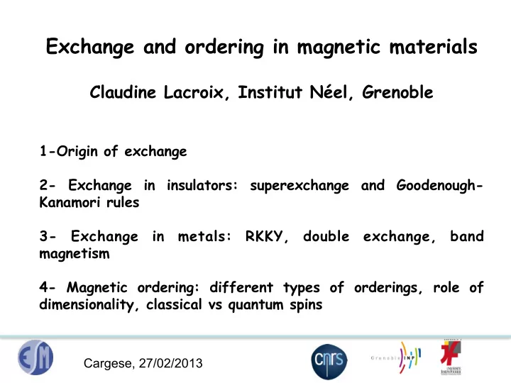exchange and ordering in magnetic materials