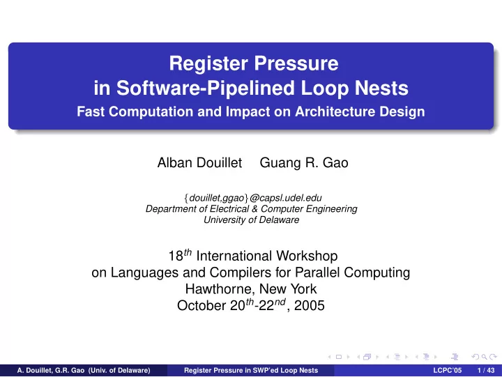 register pressure in software pipelined loop nests