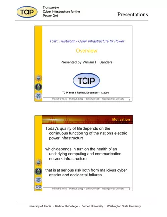 Presentations  Power Grid  TCIP: Trustworthy Cyber Infrastructure for Power  Overview  Presented