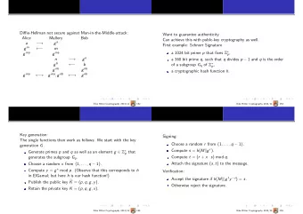 Diffie-Hellman not secure against Man-in-the-Middle-attack:  Want to guarantee authenticity.  Alice