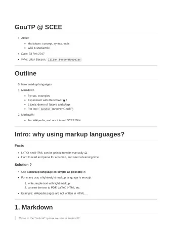 GouTP @ SCEE  About:  Markdown: concept, syntax, tools  Wiki &amp; MediaWiki Date: 23 Feb 2017 Who: