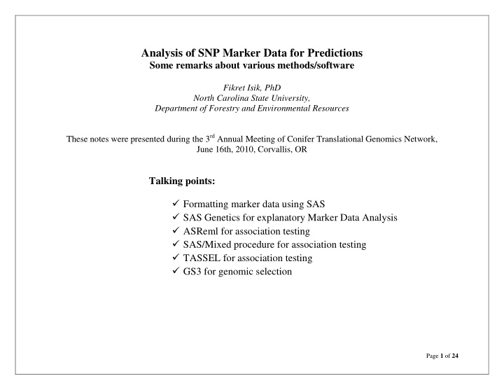 analysis of snp marker data for predictions