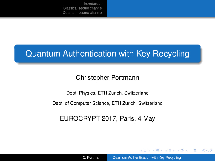 quantum authentication with key recycling