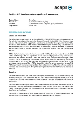 Position: GIS Developer/data analyst for risk assessment Contract type :  Consultancy Reports to :