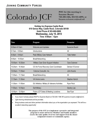 Colorado JCF  Suzanne Buemi  720-250-1186, 303-921-6099, or Suzanne.m.buemi.ctr@mail.mil  Holiday