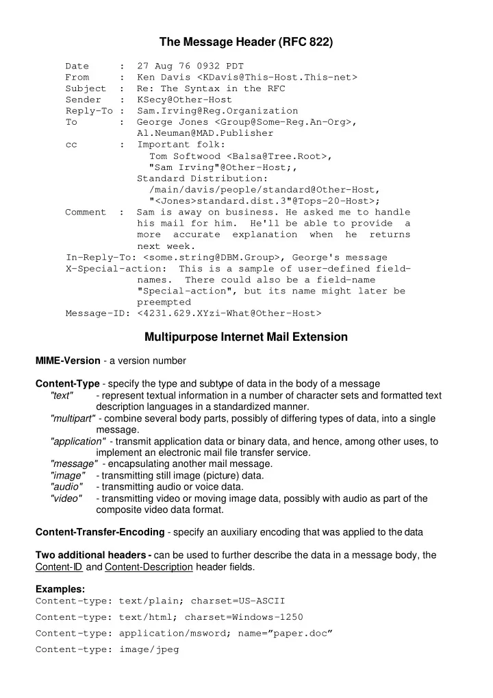 the message header rfc 822