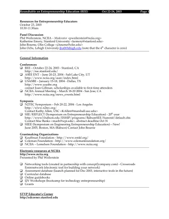 Roundtable on Entrepreneurship Education (REE)  Oct 22-24, 2003  Page 1  Resources for