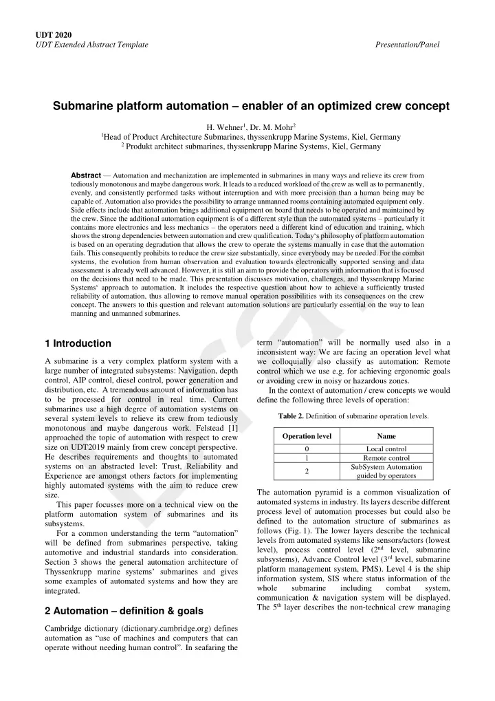 submarine platform automation enabler of an optimized