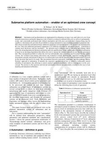 Submarine platform automation  enabler of an optimized crew concept H. Wehner 1 , Dr. M. Mohr 2