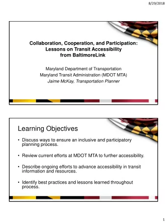 Learning Objectives  Discuss ways to ensure an inclusive and participatory  planning process.