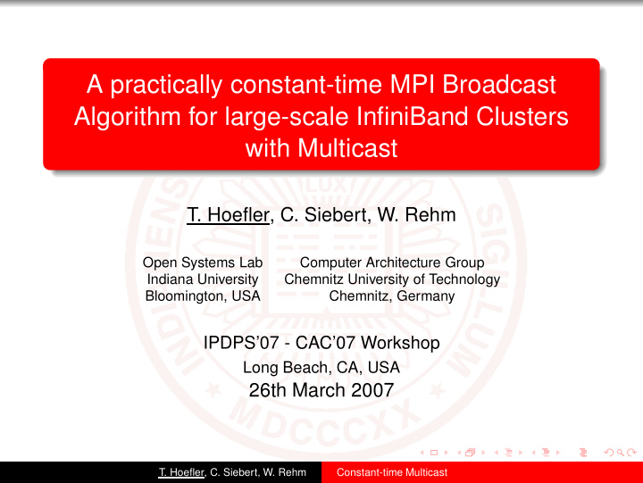 a practically constant time mpi broadcast algorithm for