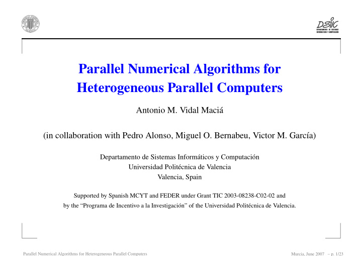 parallel numerical algorithms for heterogeneous parallel