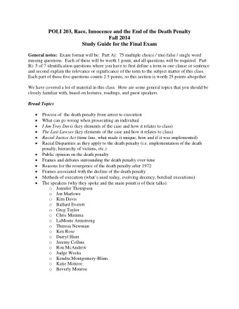 POLI 203, Race, Innocence and the End of the Death Penalty  Fall 2014  Study Guide for the Final