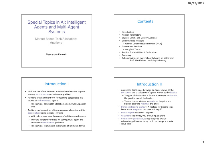 contents special topics in ai intelligent agents and