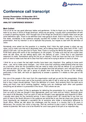 Conference call transcript  Investor Presentation, 12 December 2013  Driving Value