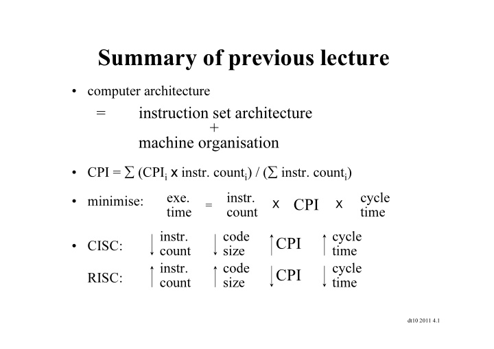 summary of previous lecture