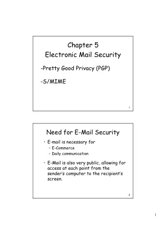 Chapter 5  Electronic Mail Security  -Pretty Good Privacy (PGP)  -S/MIME  1  Need for E-Mail