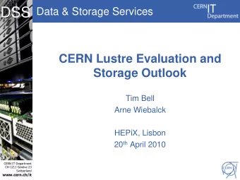 DSS  Data &amp; Storage Services  CERN Lustre Evaluation and  Storage Outlook  Tim Bell  Arne