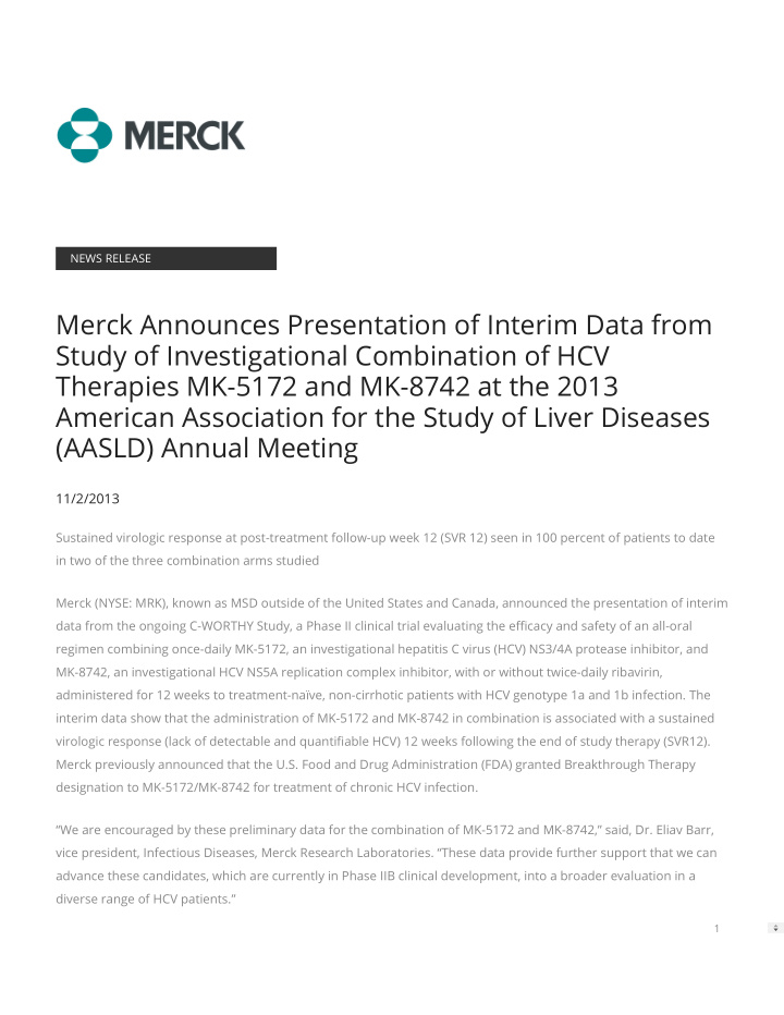 merck announces presentation of interim data from study