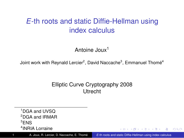 e th roots and static diffie hellman using index calculus