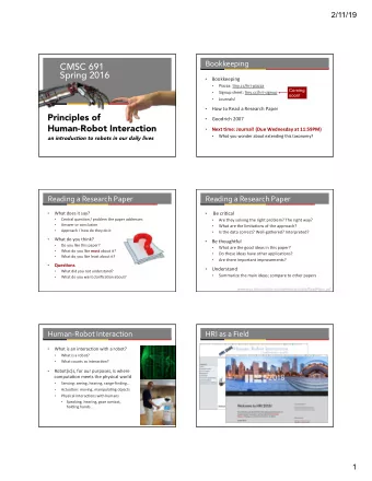 CMSC 691  Spring 2016  Bookkeeping   Piazza: .ny.cc/hri-piazza   Coming  Signup sheet: