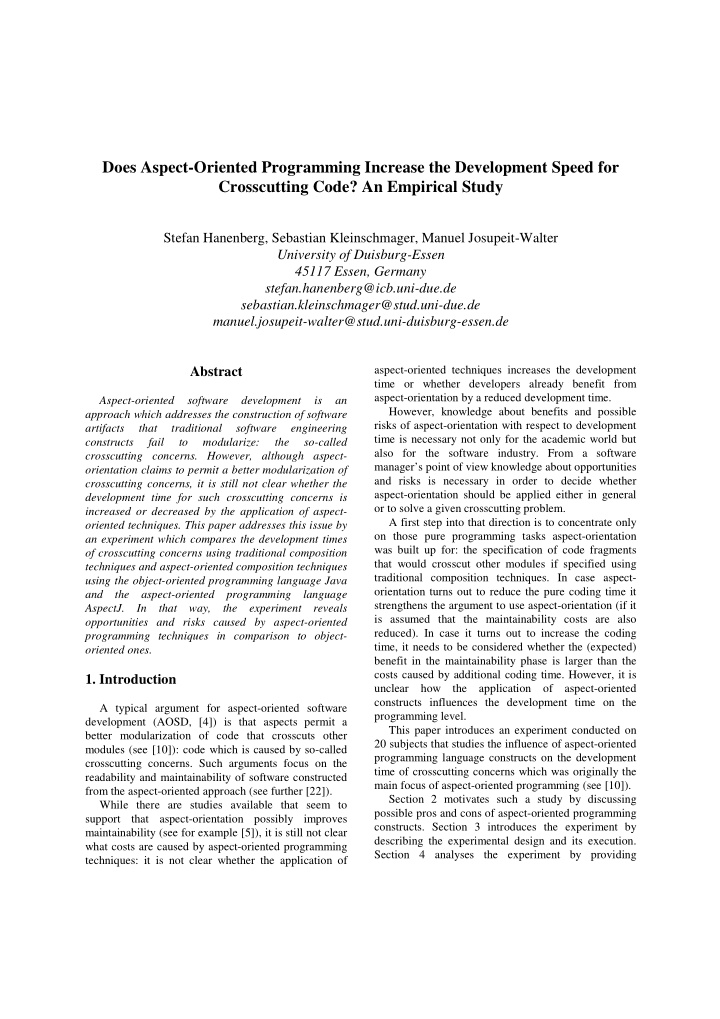does aspect oriented programming increase the development