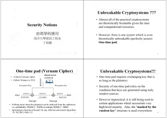 Unbreakable Cryptosystems ???   Almost all of the practical cryptosystems  are theoretically