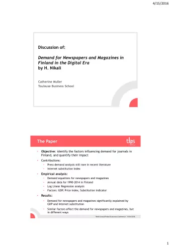 Catherine Muller  Toulouse Business School  The Paper Objective : identify the factors influencing