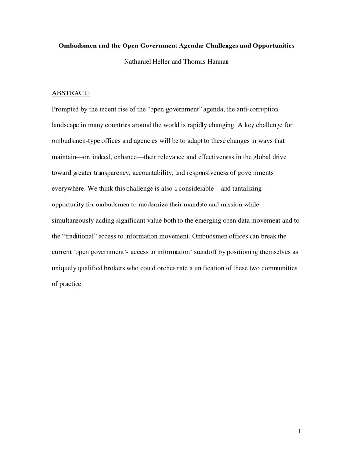 ombudsmen and the open government agenda challenges and