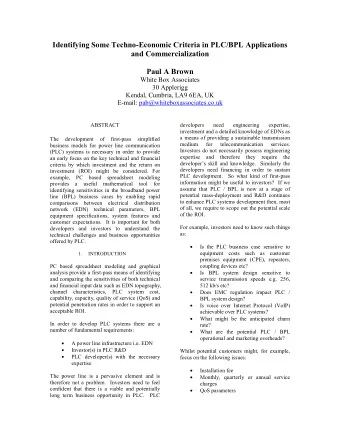 Identifying Some Techno-Economic Criteria in PLC/BPL Applications  and Commercialization  Paul A