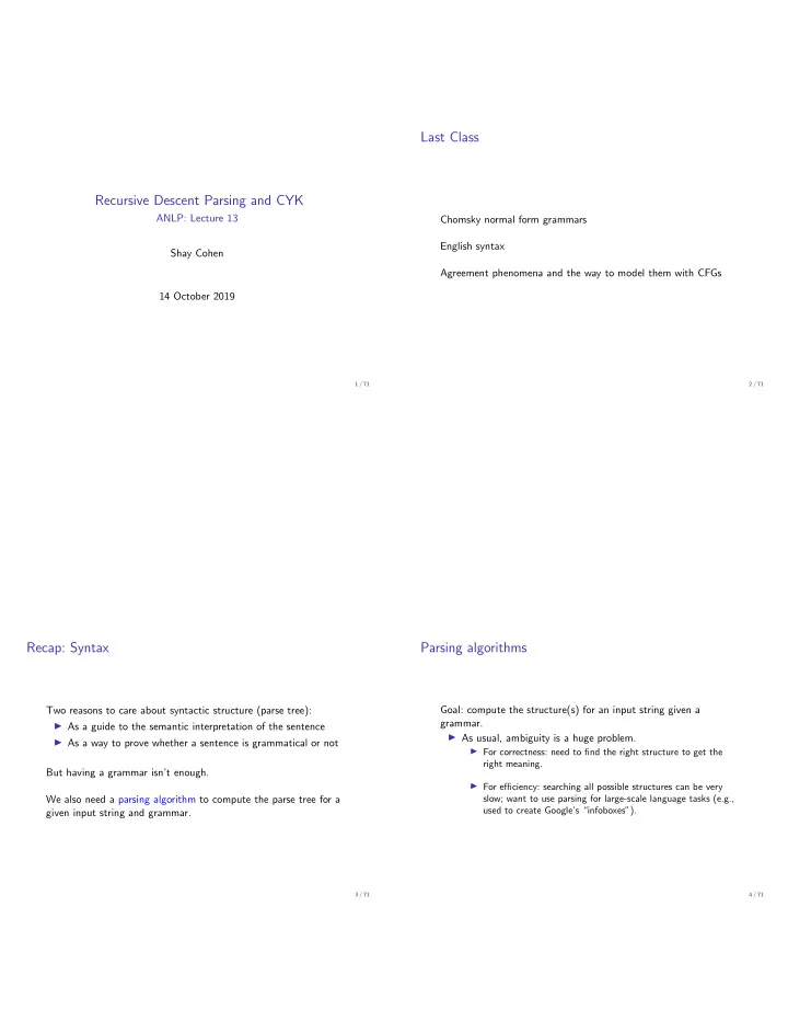 last class recursive descent parsing and cyk