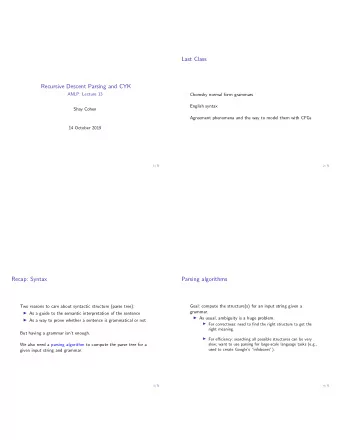 Last Class  Recursive Descent Parsing and CYK  ANLP: Lecture 13  Chomsky normal form grammars
