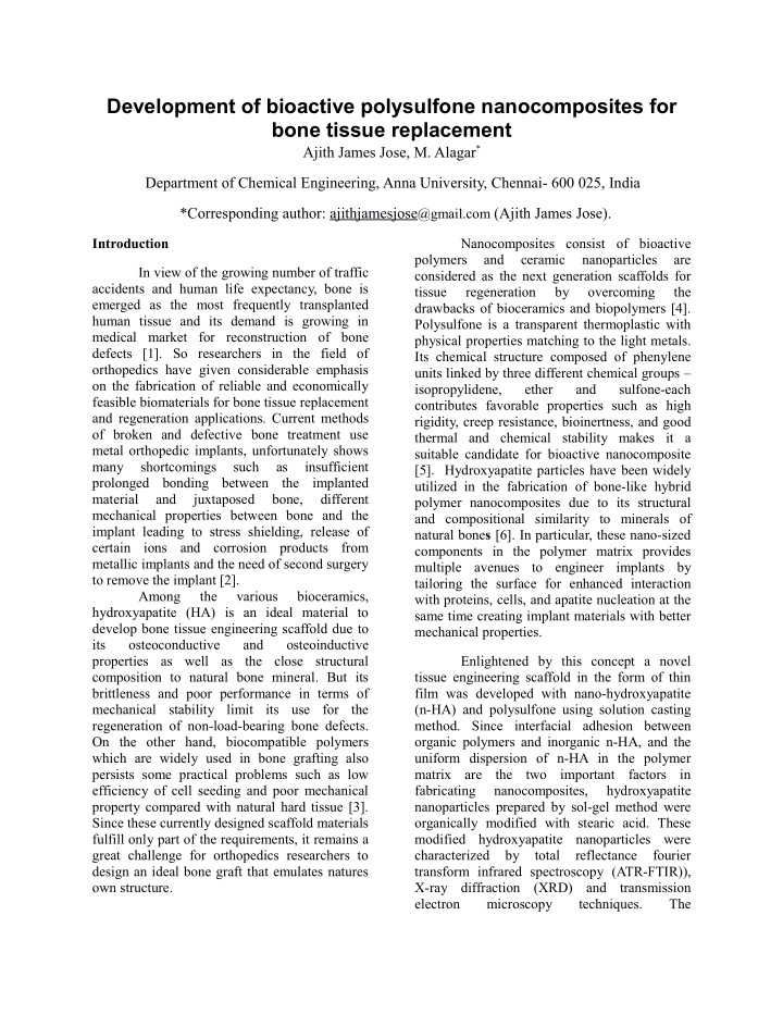 development of bioactive polysulfone nanocomposites for