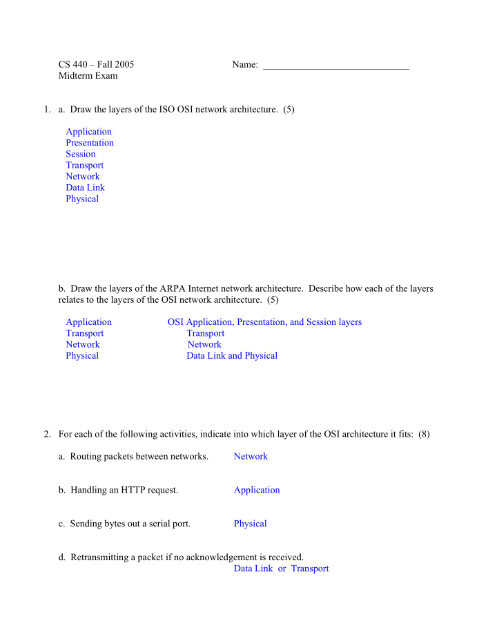 cs 440 fall 2005 name midterm exam 1 a draw the layers of