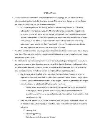 GPC Final Project   Cultural relativism is a term that is addressed often in anthropology. We