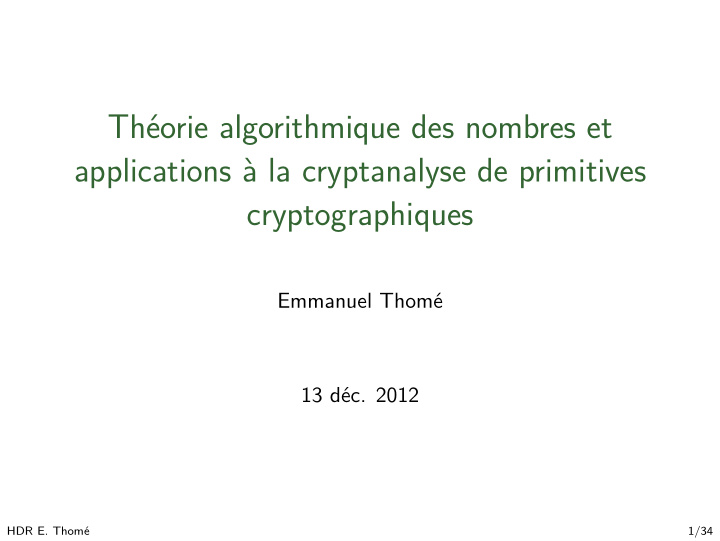 th eorie algorithmique des nombres et applications a la