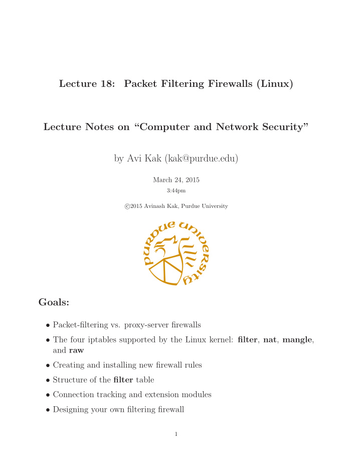 lecture 18 packet filtering firewalls linux lecture notes