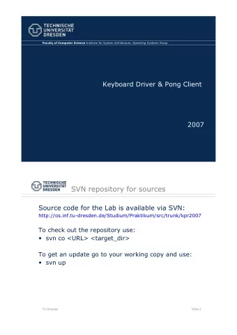 SVN repository for sources  Source code for the Lab is available via SVN: