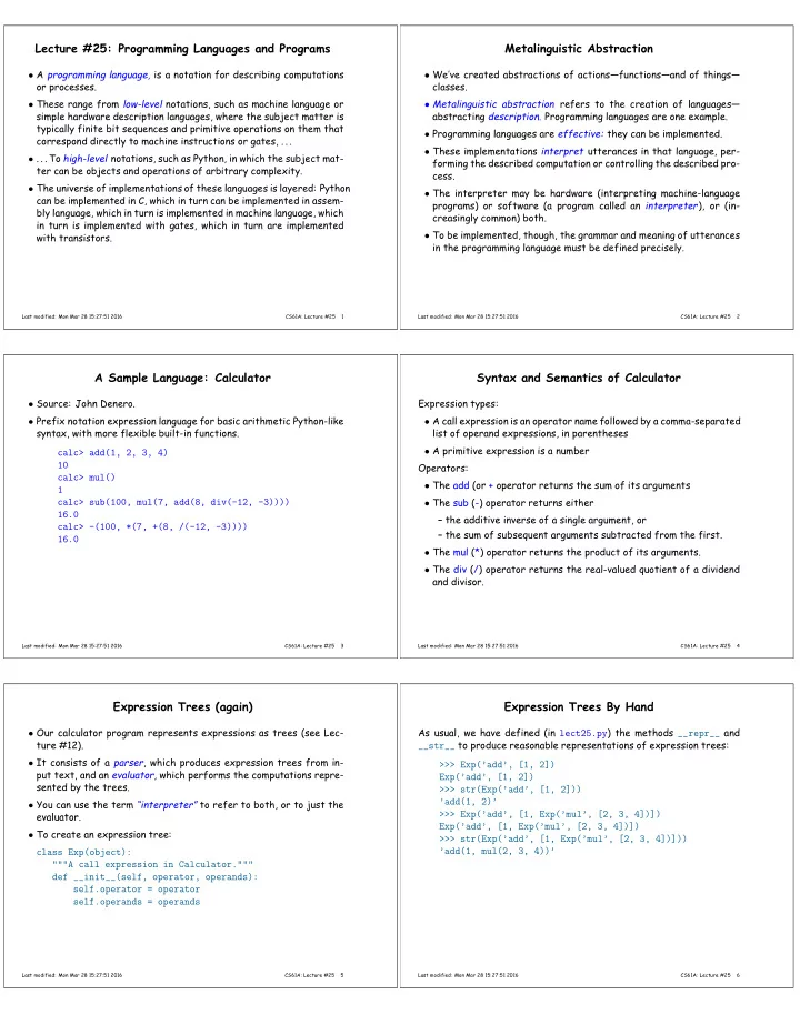 lecture 25 programming languages and programs