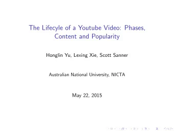 The Lifecyle of a Youtube Video: Phases,  Content and Popularity  Honglin Yu, Lexing Xie, Scott